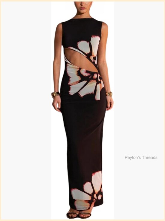 Dresses & Skirts - Sleeveless Snake Print Maxi Dress Hollow Out High Slit Bodycon Evening Gown